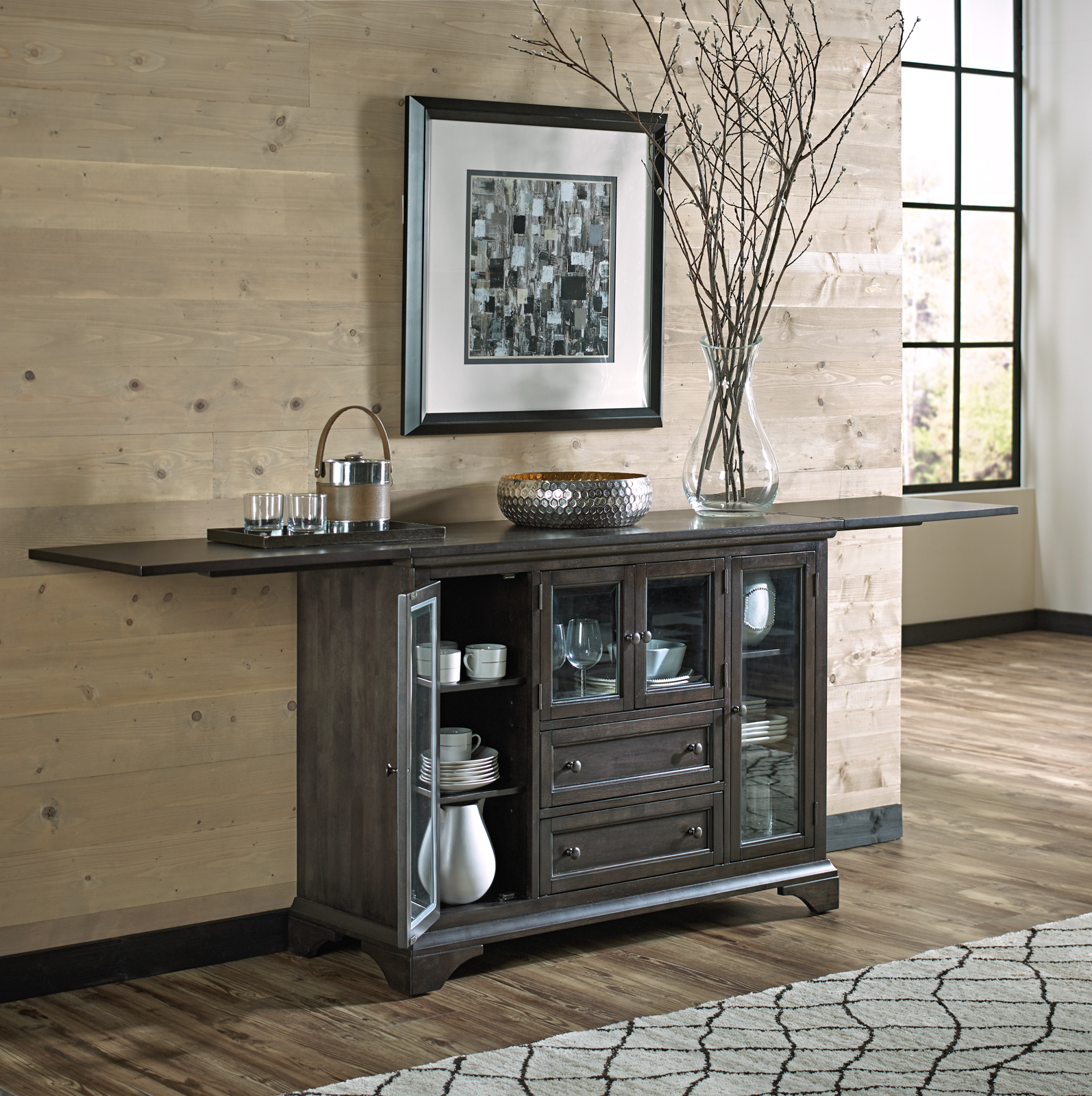 A-America server crafted from solid Asian hardwood in a warm grey finish, featuring a distressed dark wood tone. Dimensions: 36H x 47.5-95W x 18.1D, weighing 157.3 lbs.