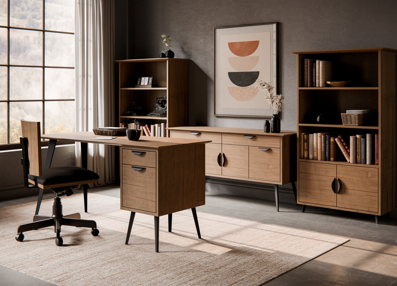 The Camden Office Credenza with dimensions of 59″W x 20″D x 29 1⁄4″H features a 13/16″ thick top with a beveled edge, 2 letter-sized file drawers, grain-matched doors and drawer fronts, dovetailed drawer boxes, full extension undermount soft-close slides, and soft-close door hinges. Constructed with wormy maple wood and steel legs with adjustable glides. Finished in BelAir with a Lunar Black powder coat.