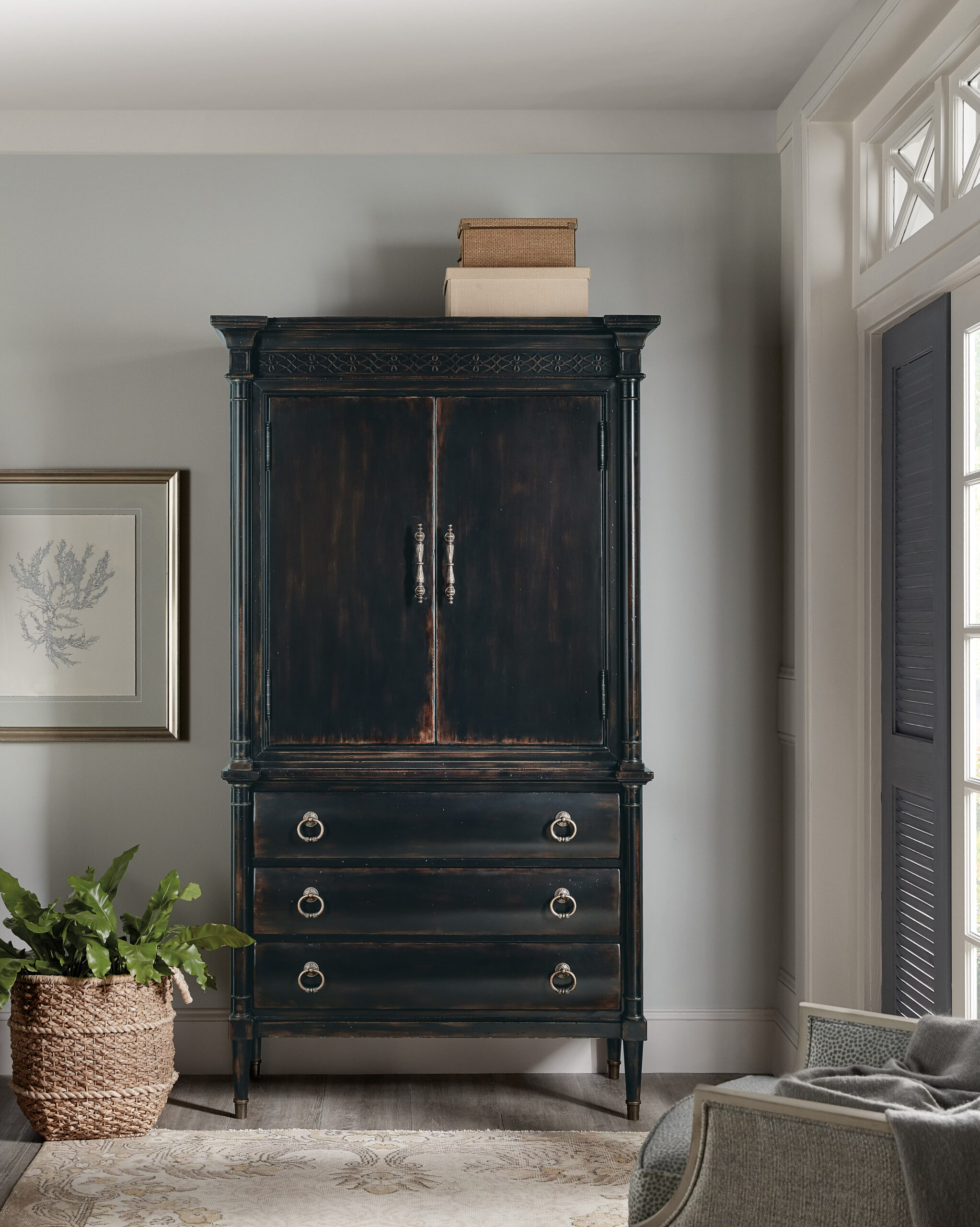 Charleston collection features traditional design with cherry veneers, walnut inlays, and antique burnished hardware. Includes adjustable shelves, self-closing drawers, and mirrored side doors.