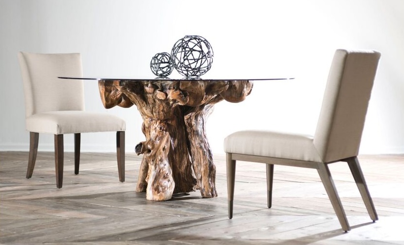 Hammary Root Ball dining table with a 60-inch tempered glass top, featuring a unique root ball base with distinctive shape, color, and grain. Dimensions: 60W x 60D x 31H, perfect for adding an artistic touch to any dining space.