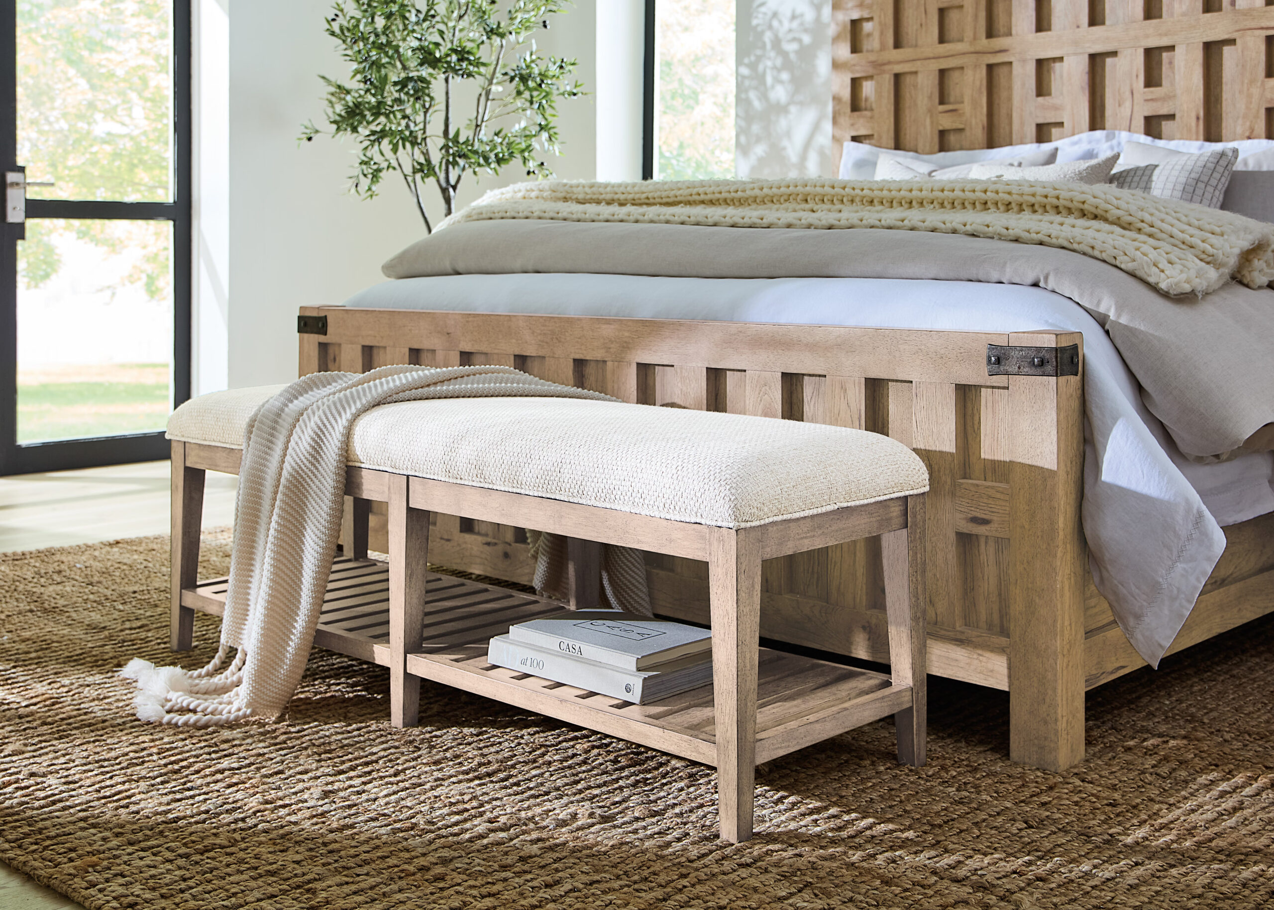 Hooker Furniture Vineyard Row Bed Bench in Sonoma finish, featuring Pecky Hickory veneers, upholstered seat in White Zin fabric, and rustic metal accents. Inspired by California wine country for a casual, rustic look.