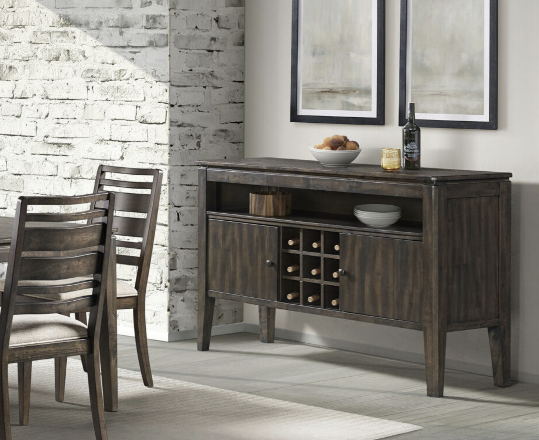 Intercon Kauai Sideboard with a brushed mango wood finish, solid mango and select hardwoods, two doors with concealed hinges, wine bottle rack, and a horizontal open display compartment. Contemporary design with a solid mango wood top. Dimensions: 54.25"W x 18"D x 35.75"H