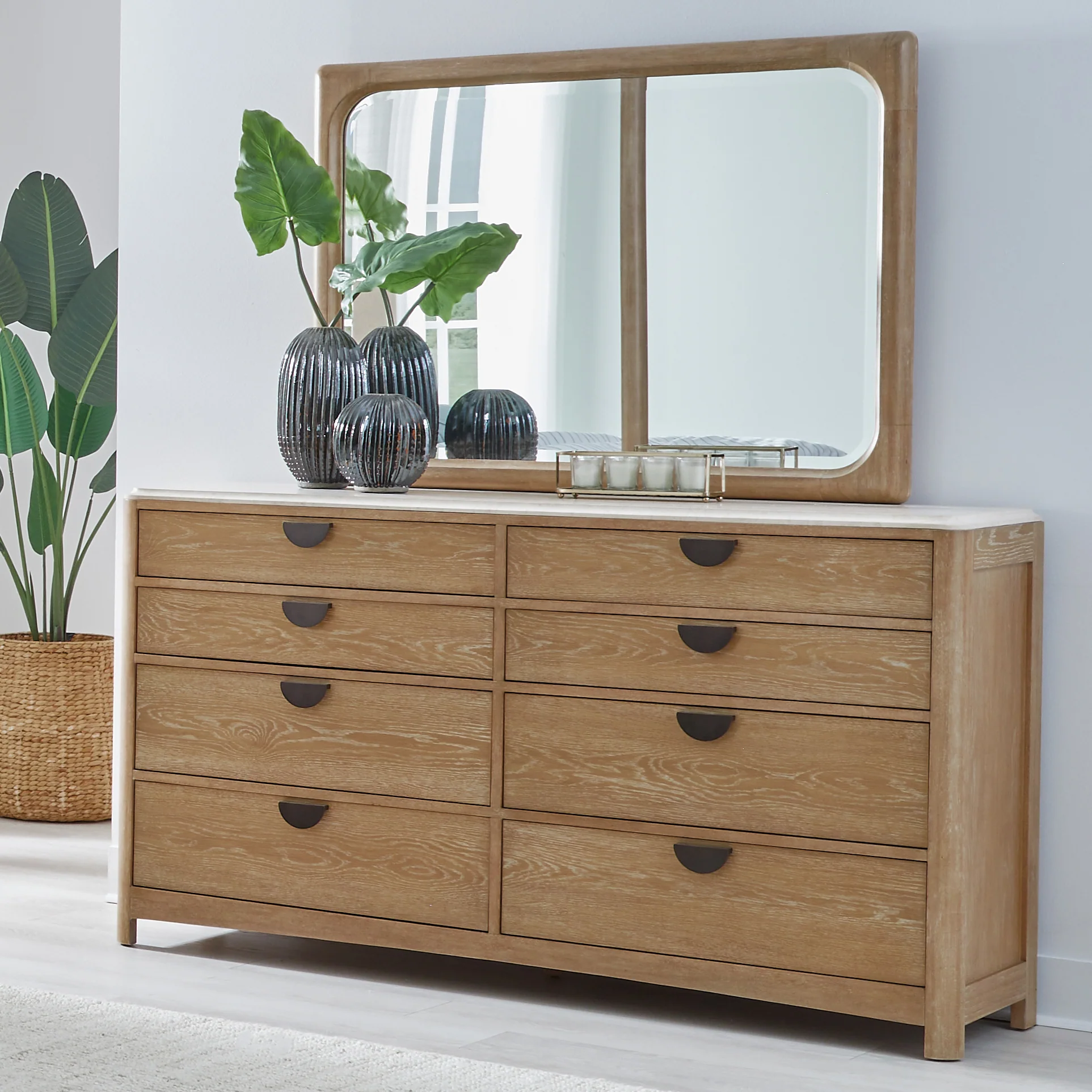 8-drawer dresser with a natural sandstone top, felt-lined upper drawers with jewelry trays, cedar-lined bottom drawers, oak veneers, hardwood solids, and warm bronze metal hardware. Features a soft, weathered finish and integrated levelers.