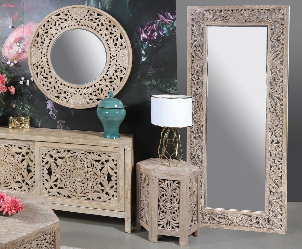 Parker House Crossings Eden Floor Mirror with a multi-step Toasted Tumbleweed finish. Sand-blasted, whitewashed Mango solids featuring hand-carved botanical and floral motifs. Beveled mirror edge with modern French cleat wall hanging hardware.