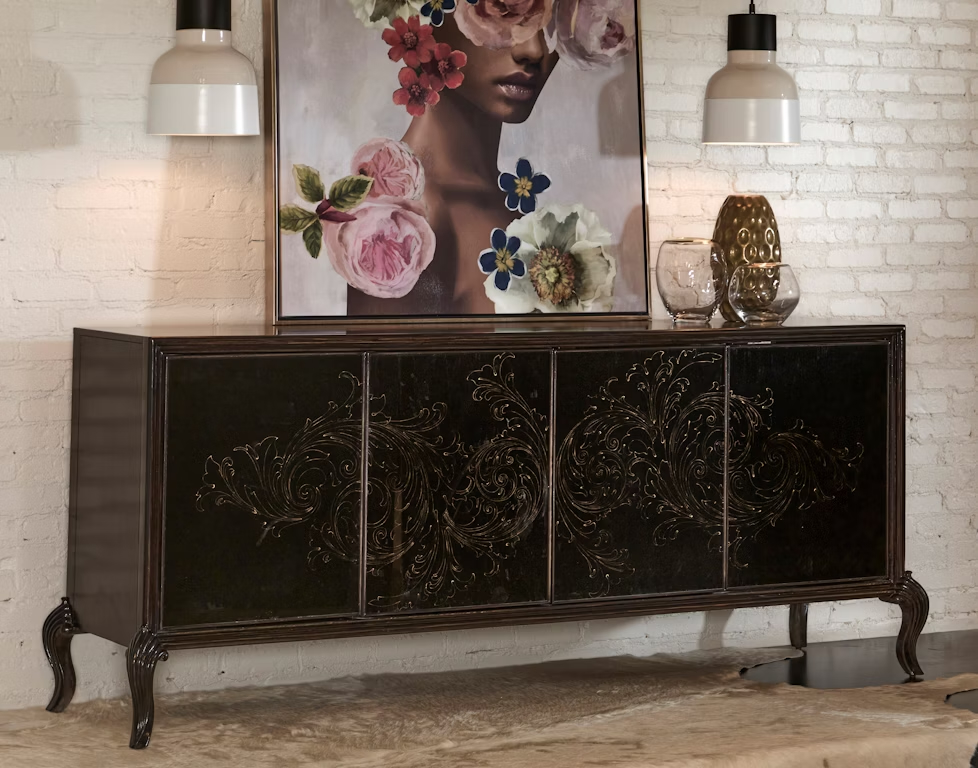 Pulaski 4 Door Media Credenza with ornate scroll design, glass doors, two drawers, adjustable shelves, and black finish with gold accents.