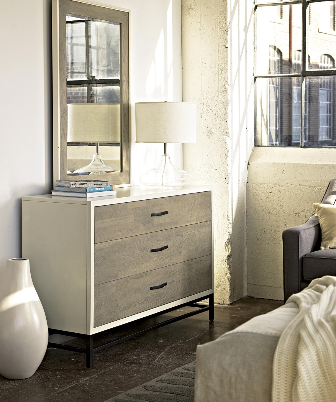 Spencer Dresser with three large drawers, featuring a two-tone gray and parchment finish for functional and stylish storage.