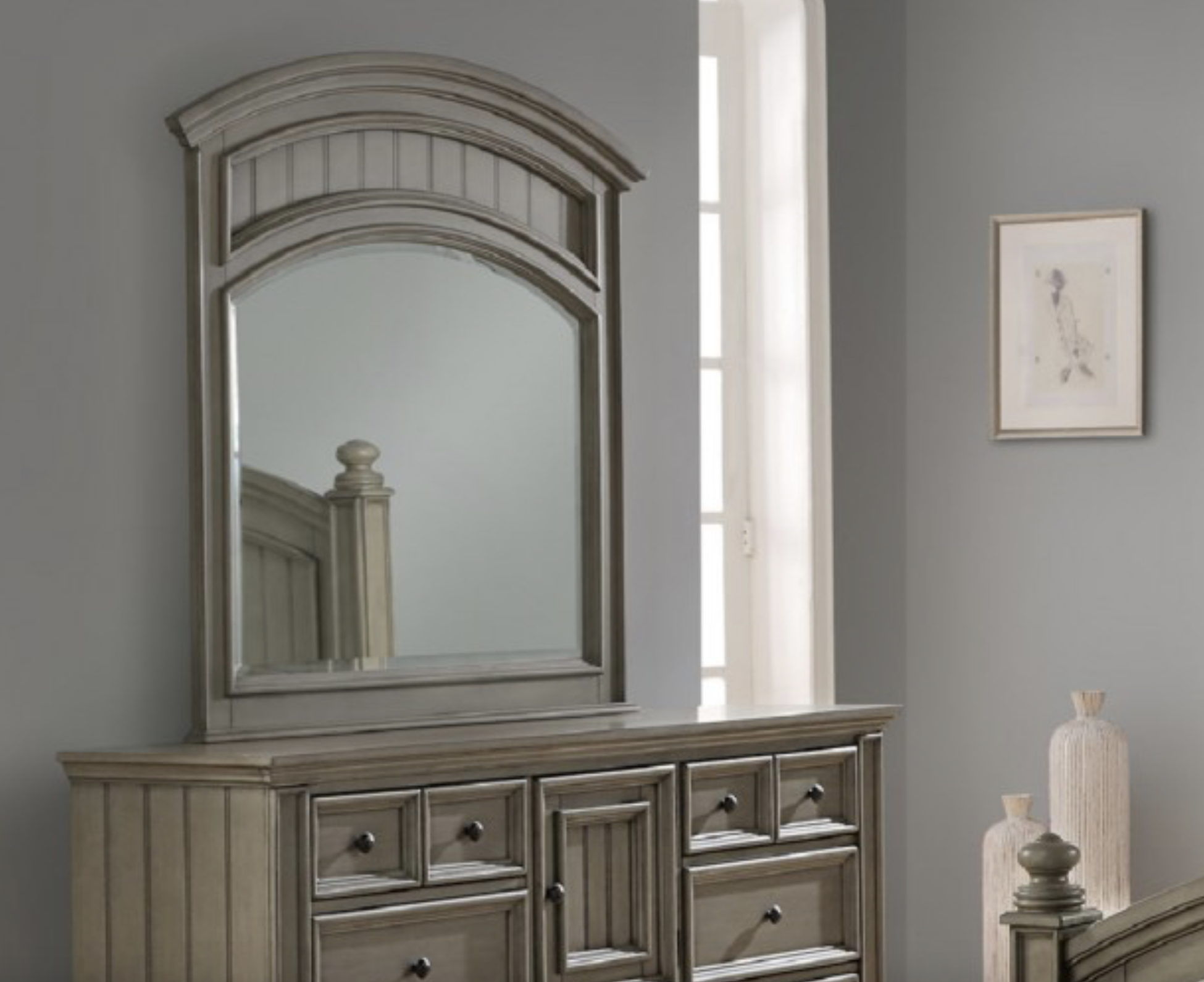 Winners Only Barnwell 46-inch landscape mirror in khaki grey, featuring New England style with wainscoting, turned bun feet, and turned finials. Dimensions: 46W x 2D x 47H, offering a classic and unfussy design for any decor.