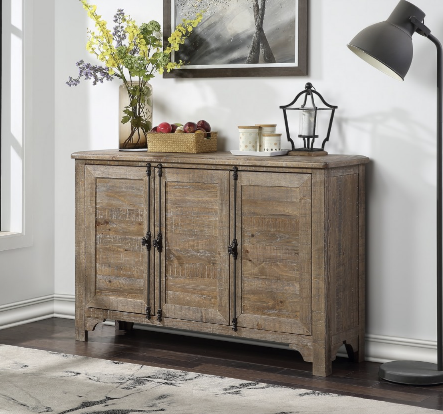 Winners Only Augusta 64-inch server in rustic brown featuring vintage-style, distressed pine veneer, and solid hardwood. Offers 2 drawers with dovetail construction, ball bearing glides, glass racks, and removable wine rack. Dimensions: 64W x 16D x 32H.