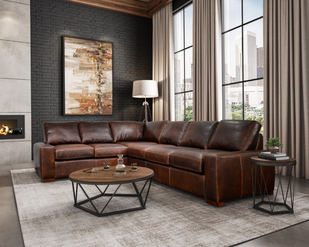 Spacious Omnia Leather sectional in a stylish living room, featuring premium handcrafted leather upholstery and customizable seating arrangements.