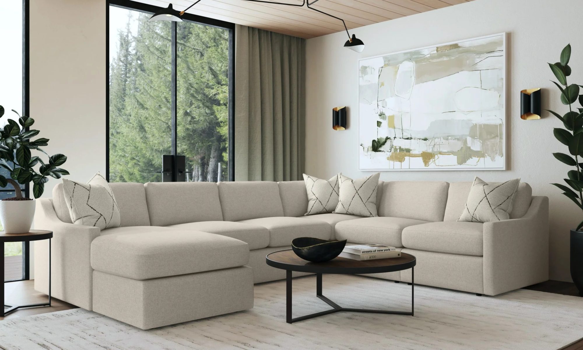 Elegant Flexsteel sectional sofa in a modern living room with large windows, neutral tones, and natural light.