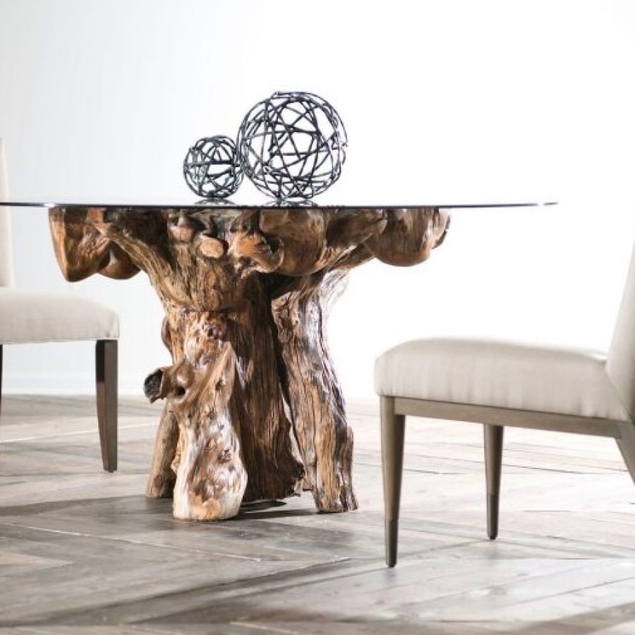 Hammary Root Ball dining table with a 60-inch tempered glass top, featuring a unique root ball base with distinctive shape, color, and grain. Dimensions: 60W x 60D x 31H, perfect for adding an artistic touch to any dining space.