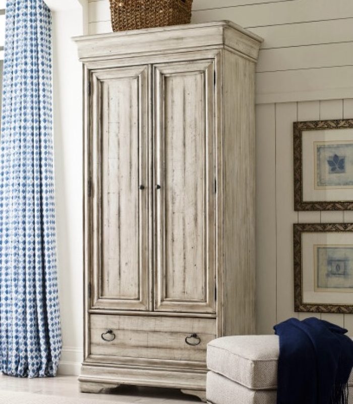 Bryant Armoire with 2 doors, 3 adjustable shelves, 1 fixed shelf, 2 drawers, removable closet rod, and wire management for organized bedroom storage.