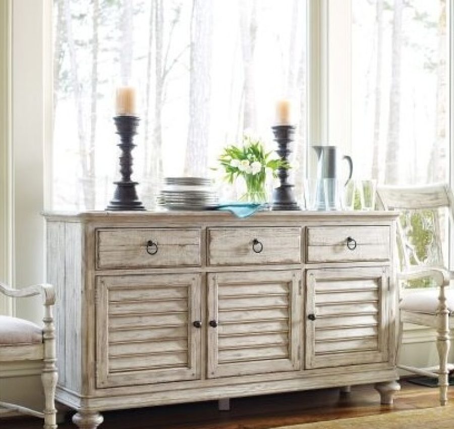 Kincaid Hastings Buffet in Cornsilk finish, featuring fixed louvered doors to keep dust out. Includes three doors and three drawers, made from New Zealand Pine. Perfect as a side piece or with the Hastings Open Hutch.