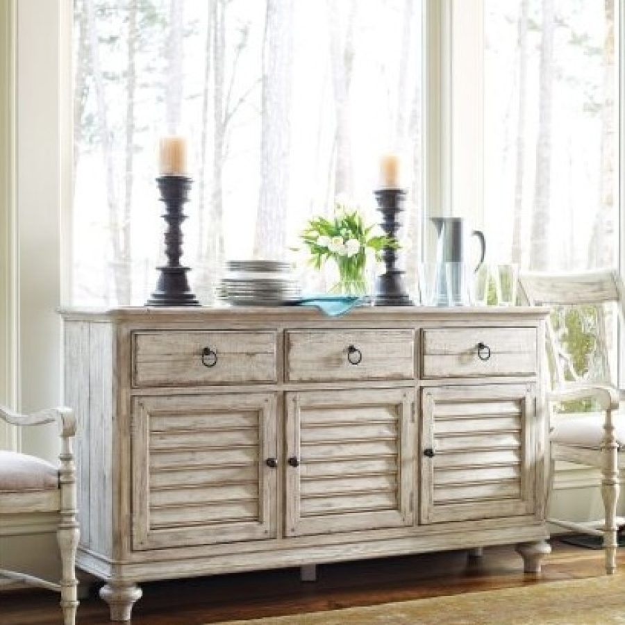 Kincaid Hastings Buffet in Cornsilk finish, featuring fixed louvered doors to keep dust out. Includes three doors and three drawers, made from New Zealand Pine. Perfect as a side piece or with the Hastings Open Hutch.