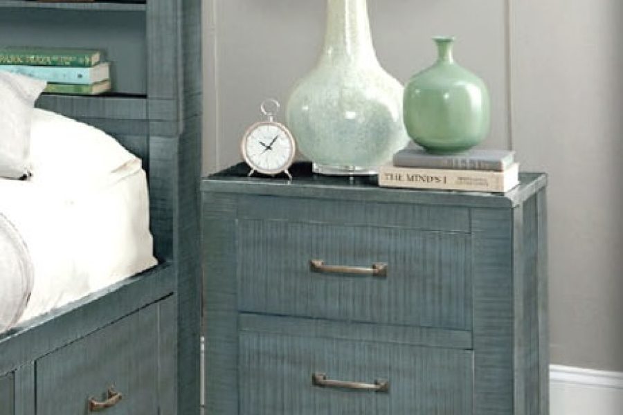 Ranch House nightstand crafted with rough sawn mahogany solids, veneers, and elegant hardware accents for a rustic charm.